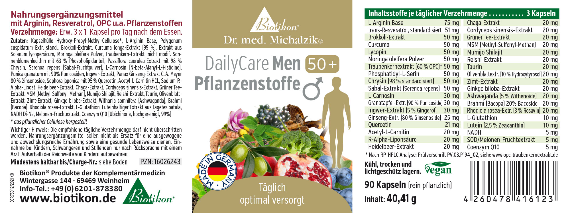 Suplemento para hombres 50+, 90 cápsulas en empaque blanco, vista frontal y trasera.