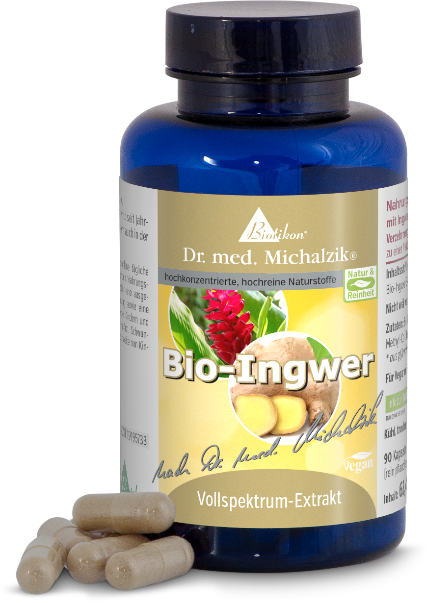 Botella azul con 90 cápsulas veganas, extracto de jengibre bio de espectro completo, cápsulas visibles al frente.