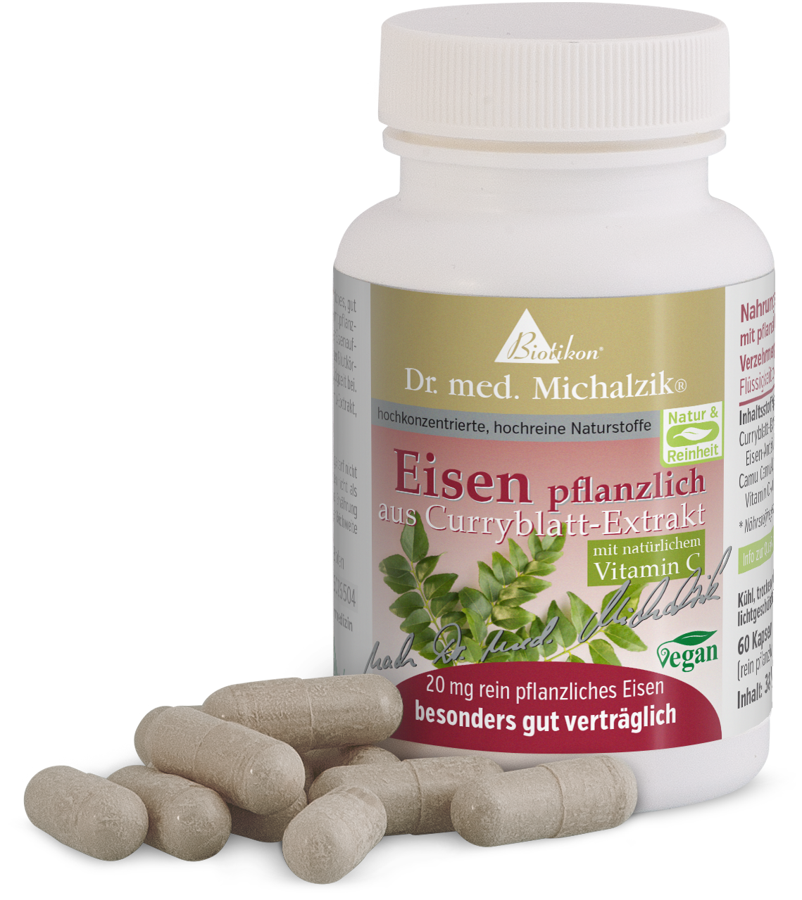 Hierro vegetal 20 mg – Cápsulas Envase de 60 cápsulas, hierro vegetal de extracto de hoja de curry, cápsulas veganas.