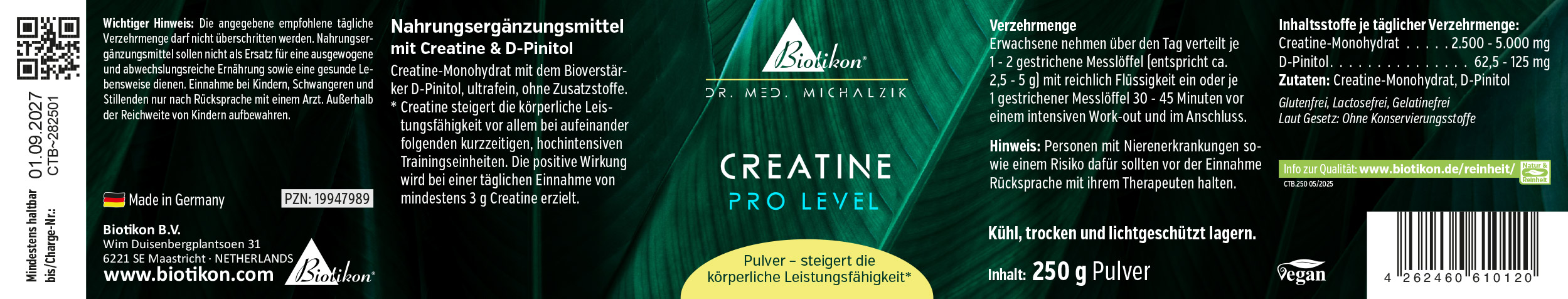 Creatina Monohidratada 250 g – Polvo Suplemento con creatina y D-Pinitol, 250 g de polvo, envase verde