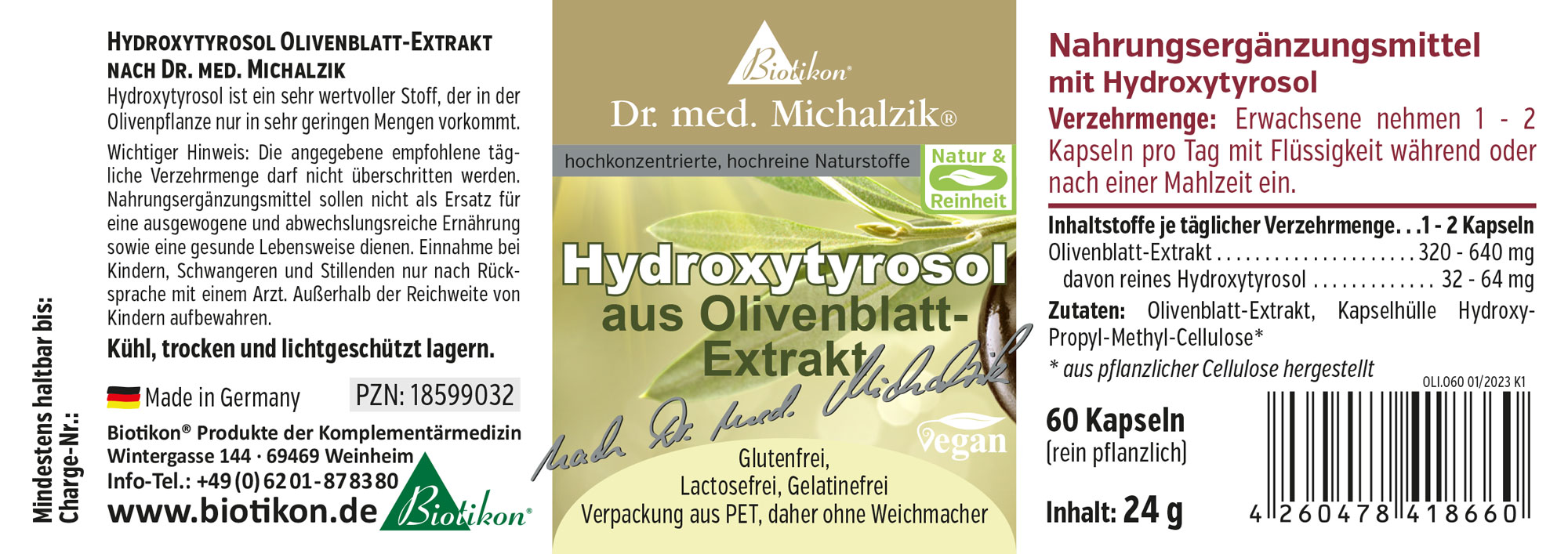 Suplemento de Hydroxytyrosol de extracto de hoja de olivo, 60 cápsulas en envase PET, color verde marrón.