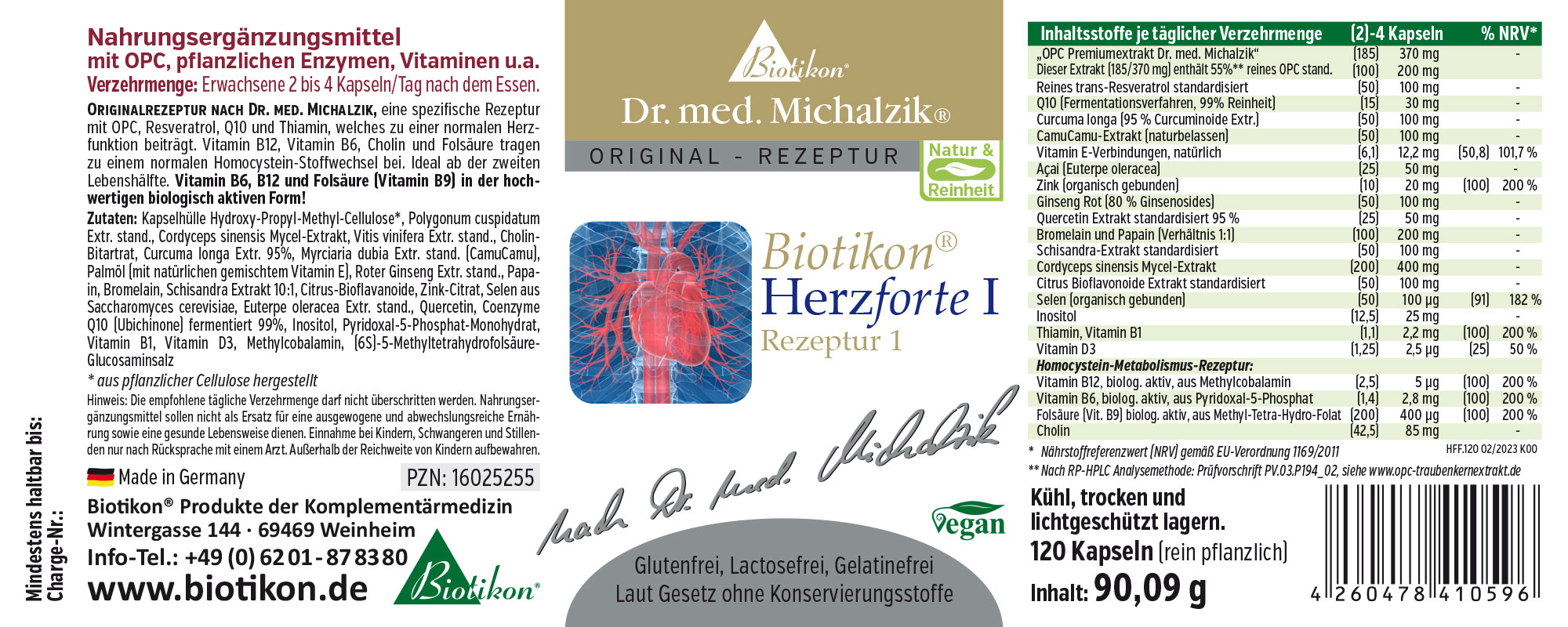 Suplemento alimenticio, apoyo cardíaco, 120 cápsulas veganas en un envase verde.