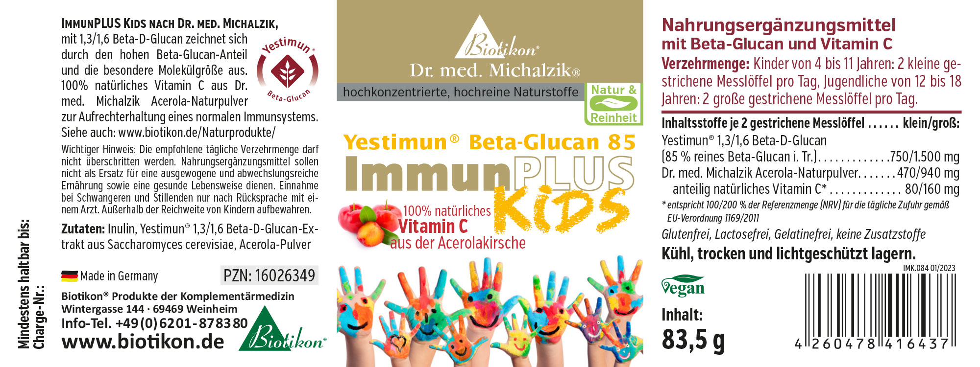 Suplemento alimenticio ImmunPLUS Kids, Beta-Glucan y Vitamina C, empaque de 83,5 g con manos coloridas.