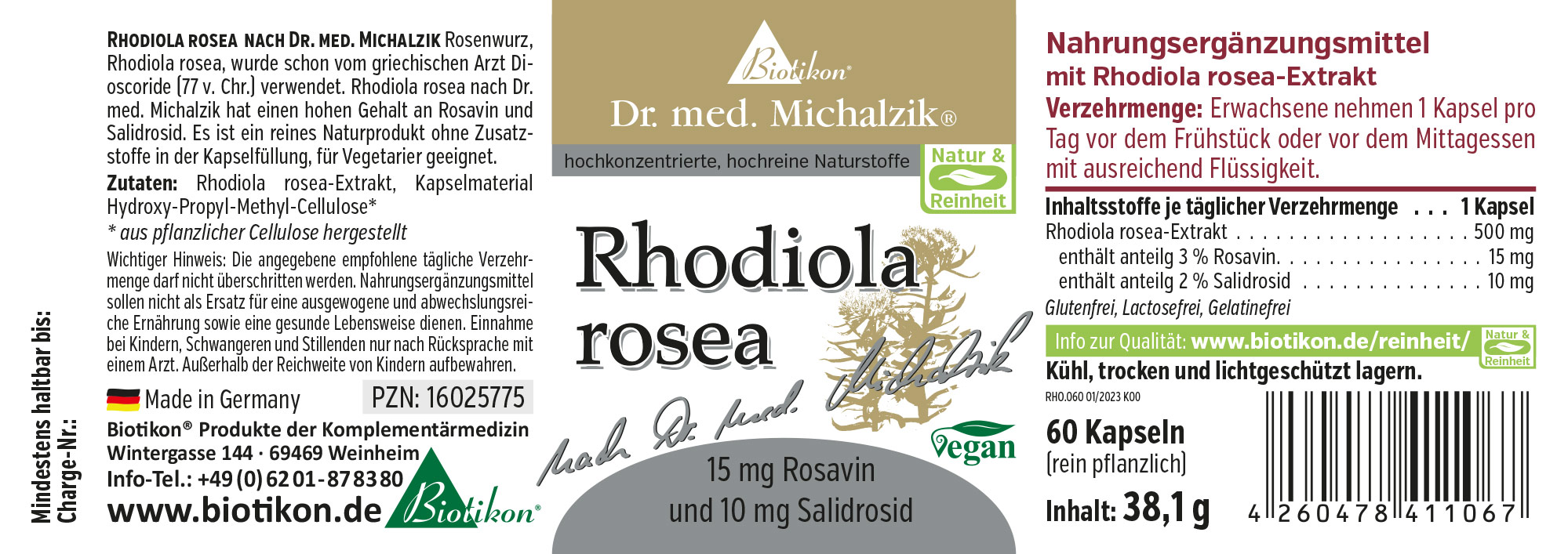 60 cápsulas con extracto de Rhodiola rosea, veganas, en un envase práctico, rojo y verde.