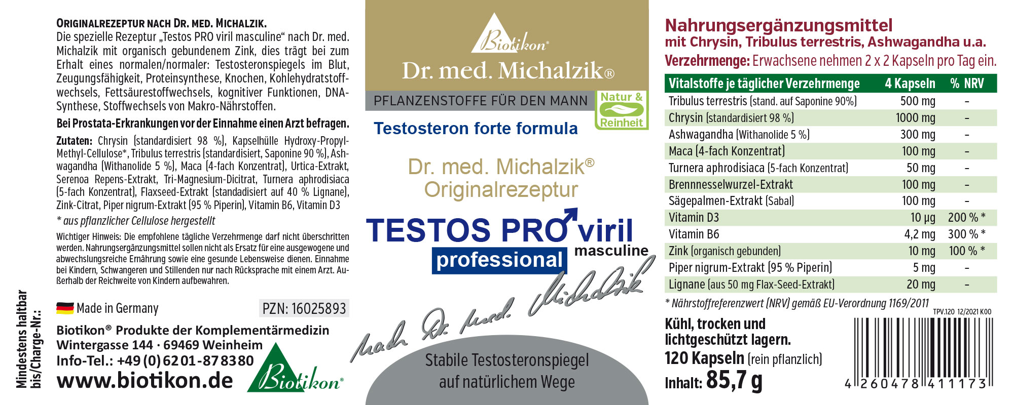 Testosterona fuerte 120 cápsulas - Biotikon Suplemento en empaque azul, 120 cápsulas, con varios extractos de plantas.