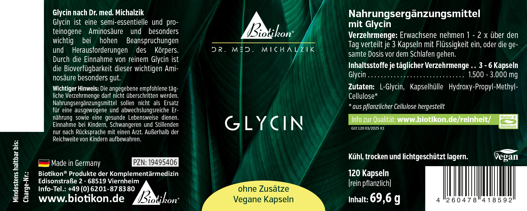 Cápsulas veganas de glicina, 120 unidades, envase verde, vista frontal.