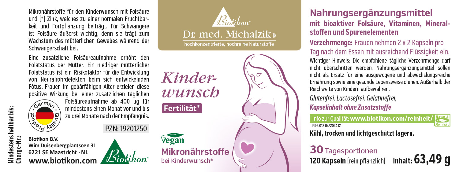 Suplemento para fertilidad, 120 cápsulas, vegano, en caja, vista frontal