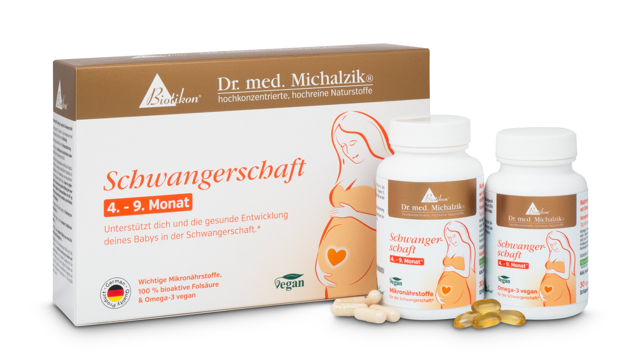 Nutrientes esenciales para el embarazo 4-9 meses Paquete de suplementos para embarazadas, 30 cápsulas, formato vegano, en colores claros.