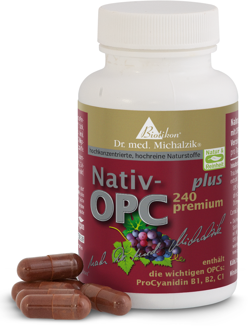 Cápsulas marrones en un frasco blanco, 240 unidades, producto con extracto de semilla de uva, vista frontal.