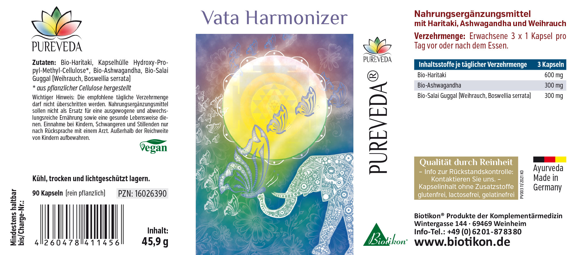 Vata Harmonizer – 90 cápsulas Suplemento Vata Harmonizer en un paquete de 90 cápsulas veganas, diseño colorido.