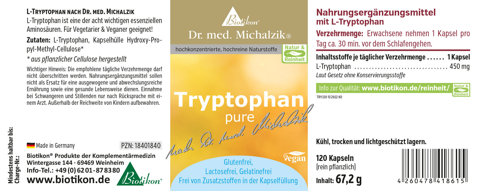 L-Tryptófano 450 mg – Cápsulas veganas Suplemento de L-Tryptófano en cápsulas veganas, 120 cápsulas, envase amarillo.