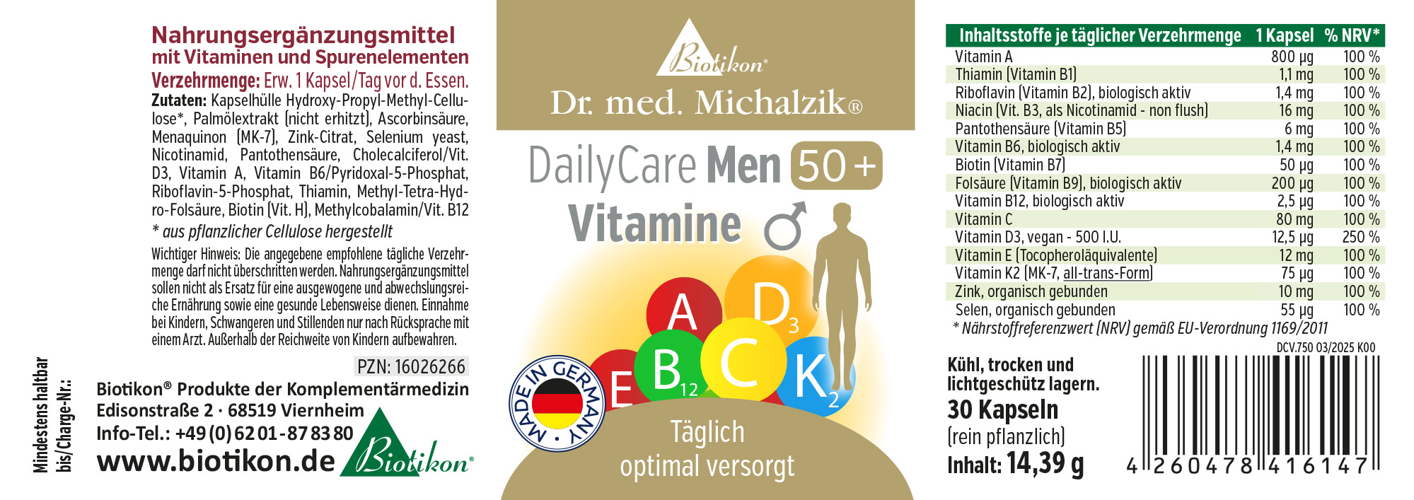 Suplemento dietético para hombres mayores de 50 años, 30 cápsulas en su envase, colorido, vista frontal.