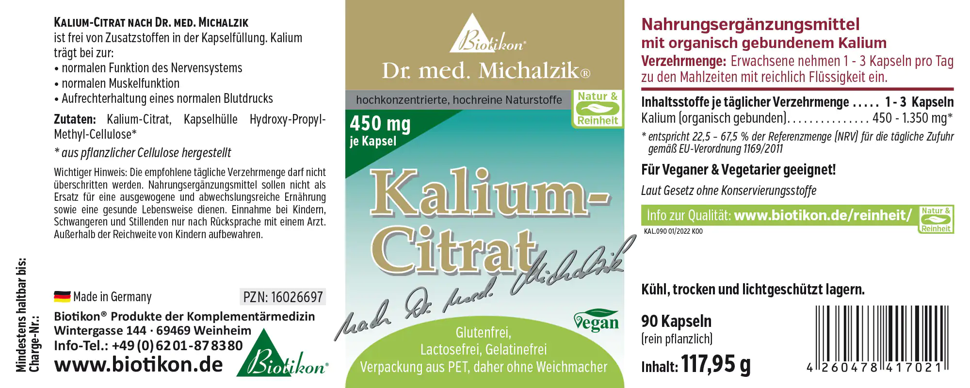 Citrato de potasio 450 mg - Cápsulas Suplemento dietético, 90 cápsulas, empaque claro, vista lateral, vegano.