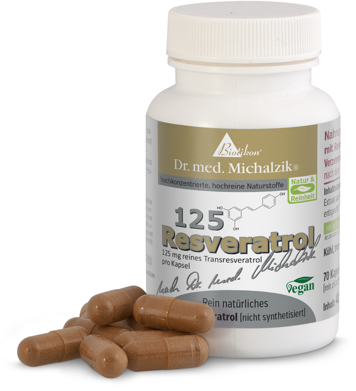 Resveratrol 125 mg - Cápsulas Cápsulas marrones, 125 mg de resveratrol, 70 cápsulas en botella transparente, vista lateral