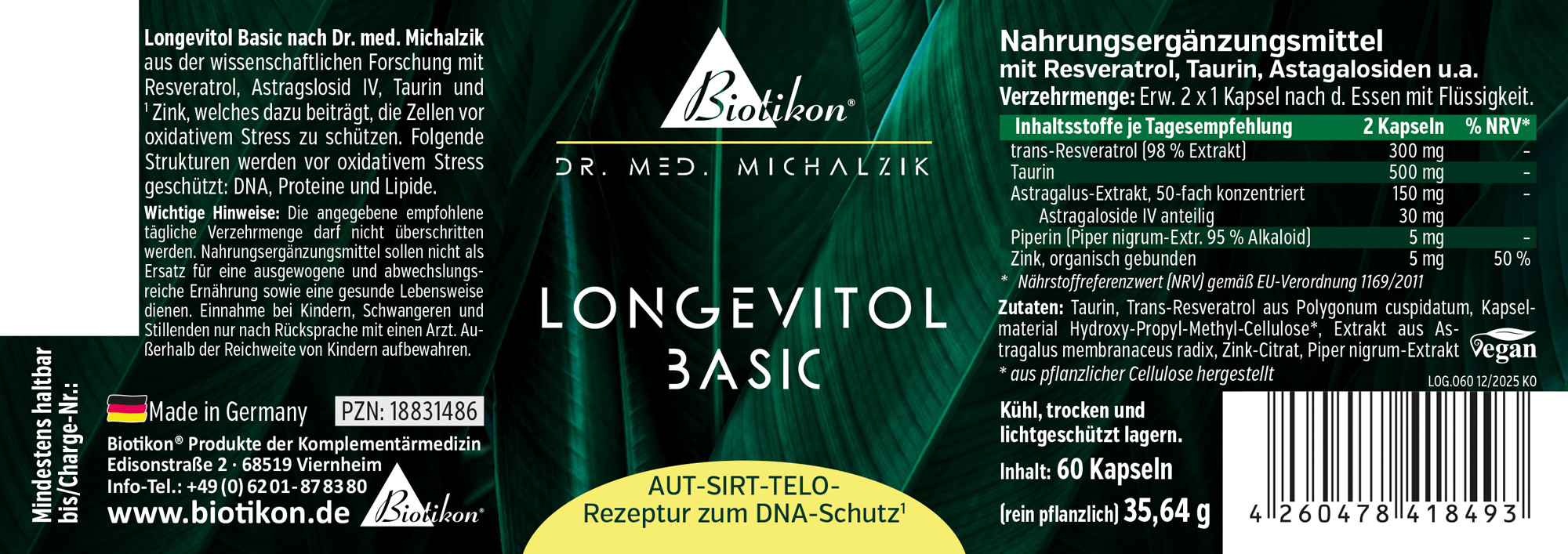 Cápsulas de Longevitol basic 60 Uds – Suplemento Dietético 60 cápsulas de suplemento dietético Longevidad en un envase resistente, vegano