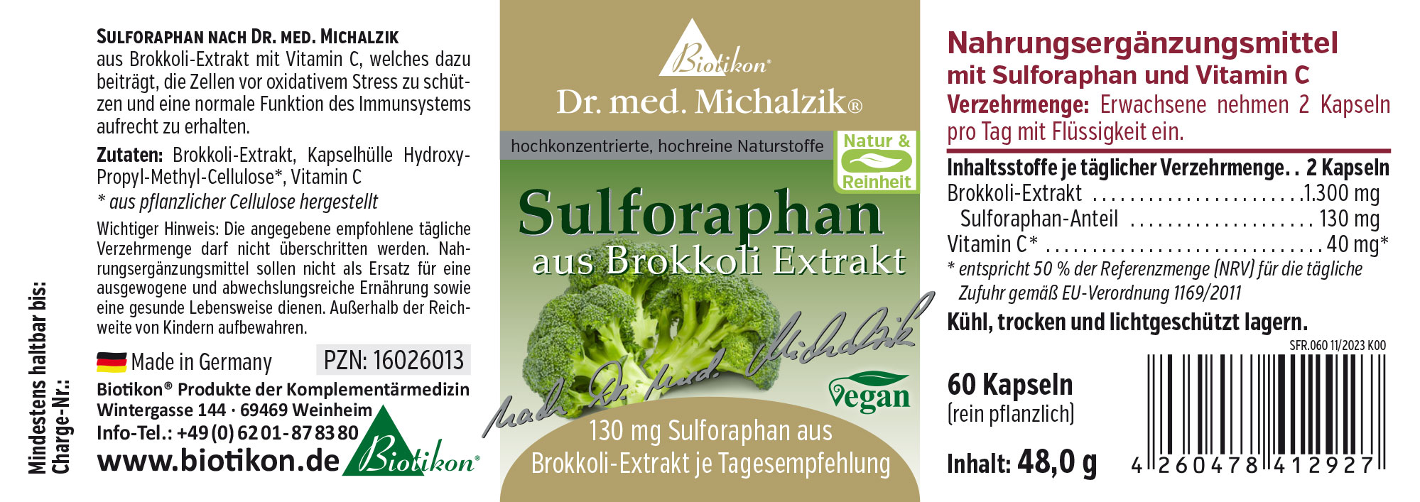 Sulforafano 130 mg – Cápsulas 60 cápsulas veganas con extracto de brócoli y vitamina C, envase en verde y beige.