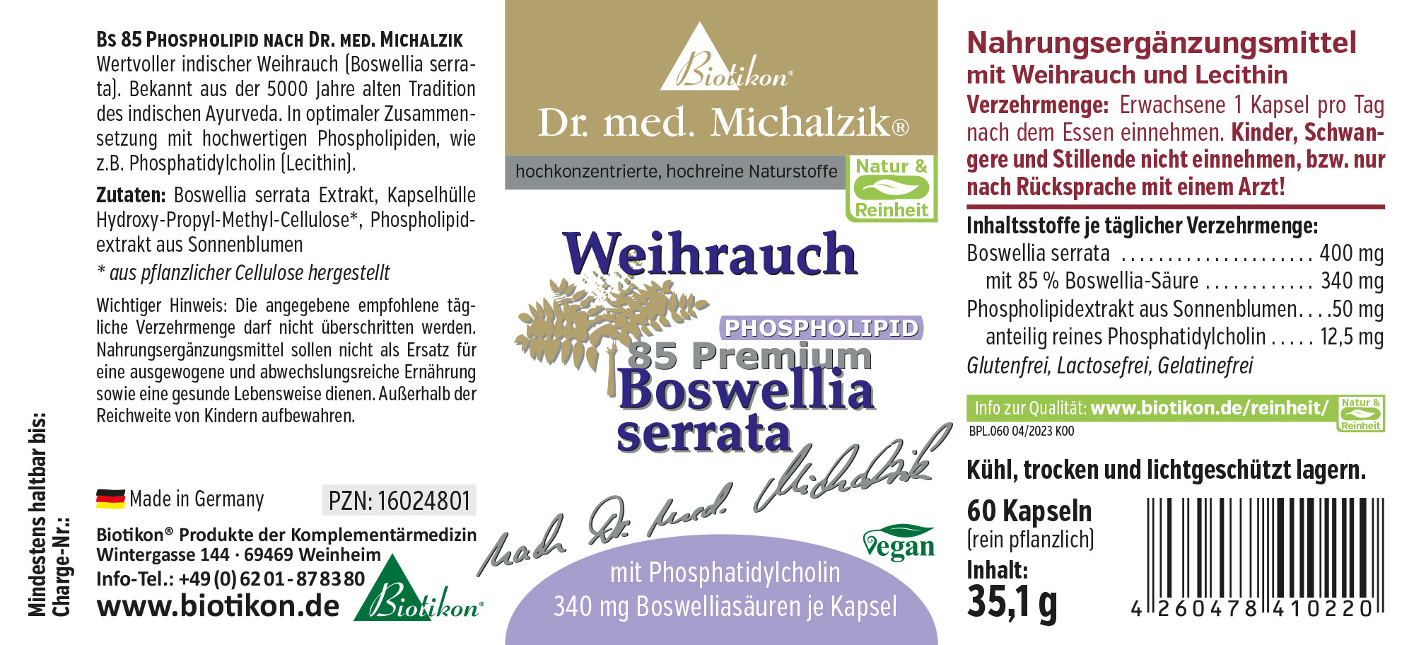 Boswellia serrata Suplemento de Resina 60 Cápsulas Suplemento vegano de resina de incienso con fosfatidilcolina, 60 cápsulas, empaque de diseño claro.