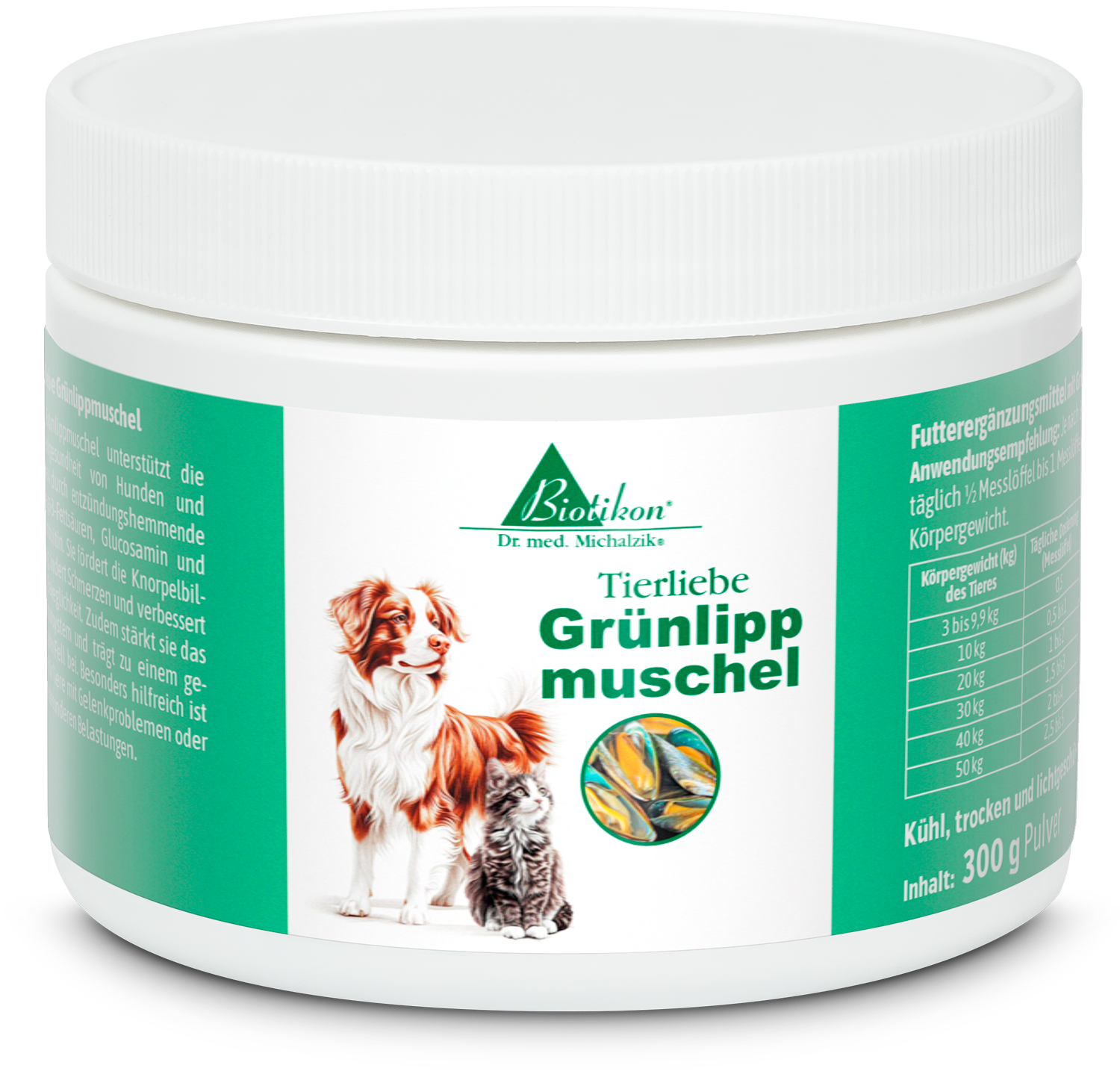 Musgo Verde 300 g - Polvo Lata con polvo de musgo verde para perros y gatos, 300 g, imagen colorida de un perro y un gato.