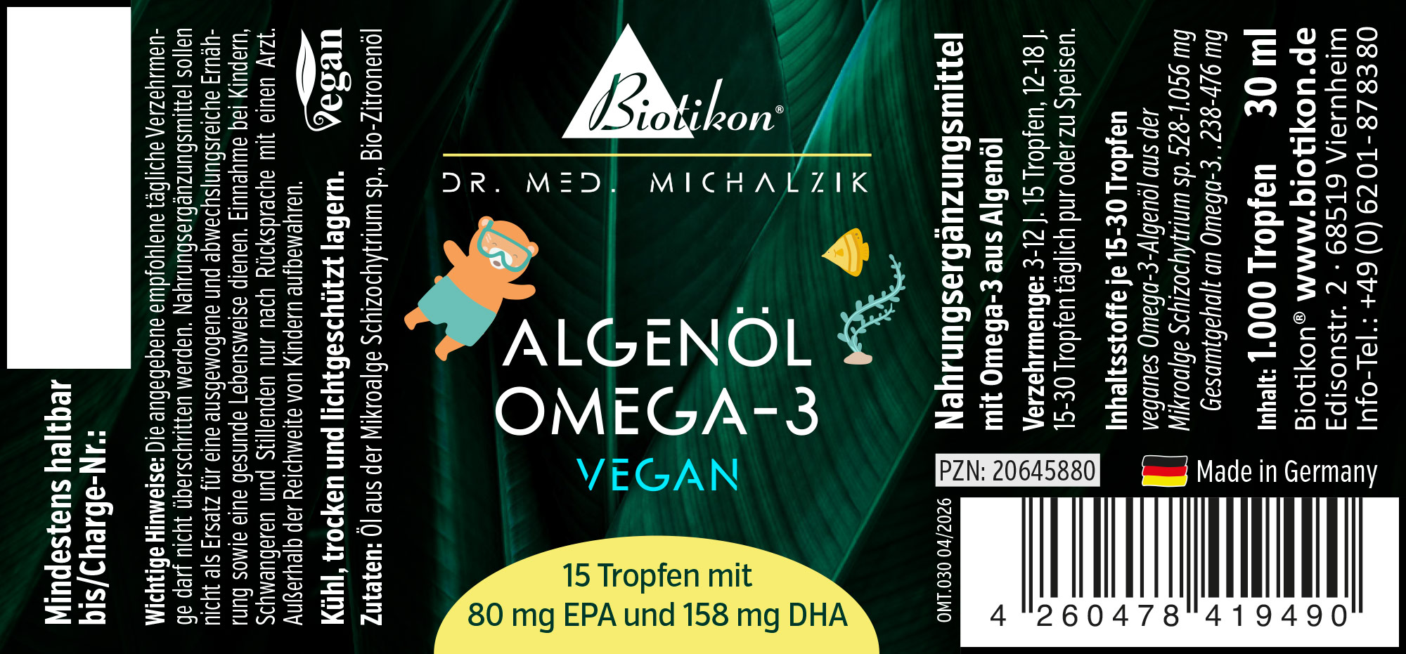 Aceite de algas Omega-3 vegano para niños