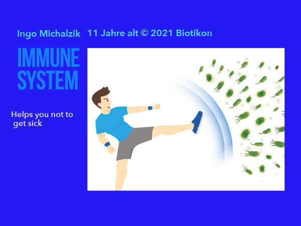 Gráfico de un niño que patea para defenderse de bacterias en un fondo azul.