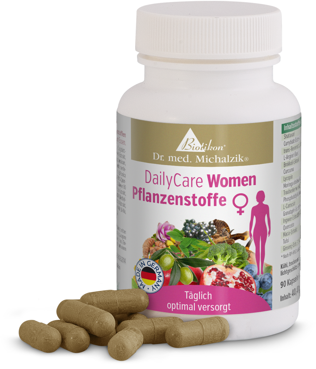 Plantas 90 Cápsulas – DailyCare Mujeres Botella con 90 cápsulas de plantas, ilustraciones de plantas coloridas, cápsulas marrones sobre la mesa.