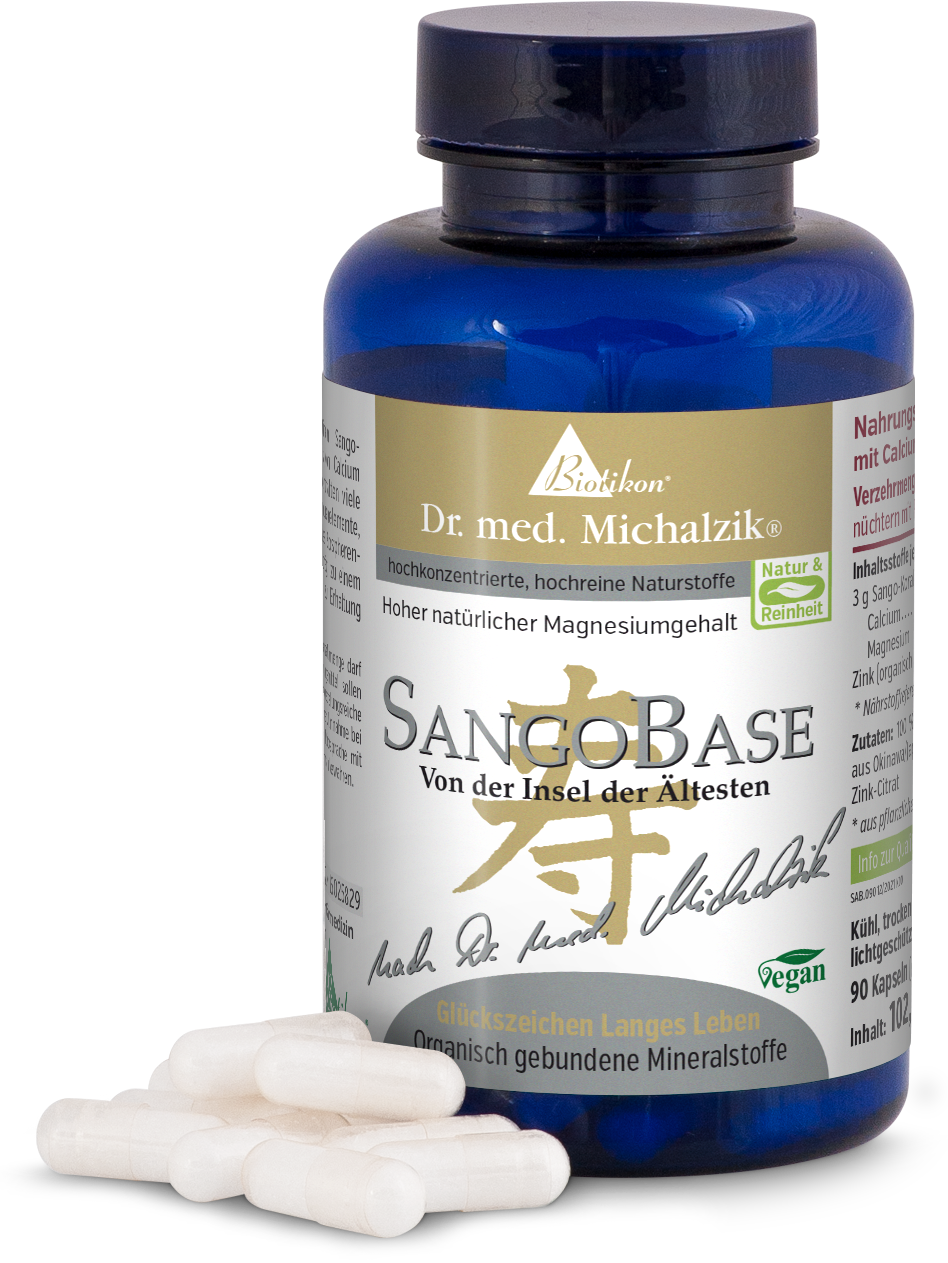 SangoBase 90 Cápsulas – Minerales Orgánicos Frasco de vidrio azul con 90 cápsulas, SangoBase, vegano, perspectiva de las cápsulas y la botella.