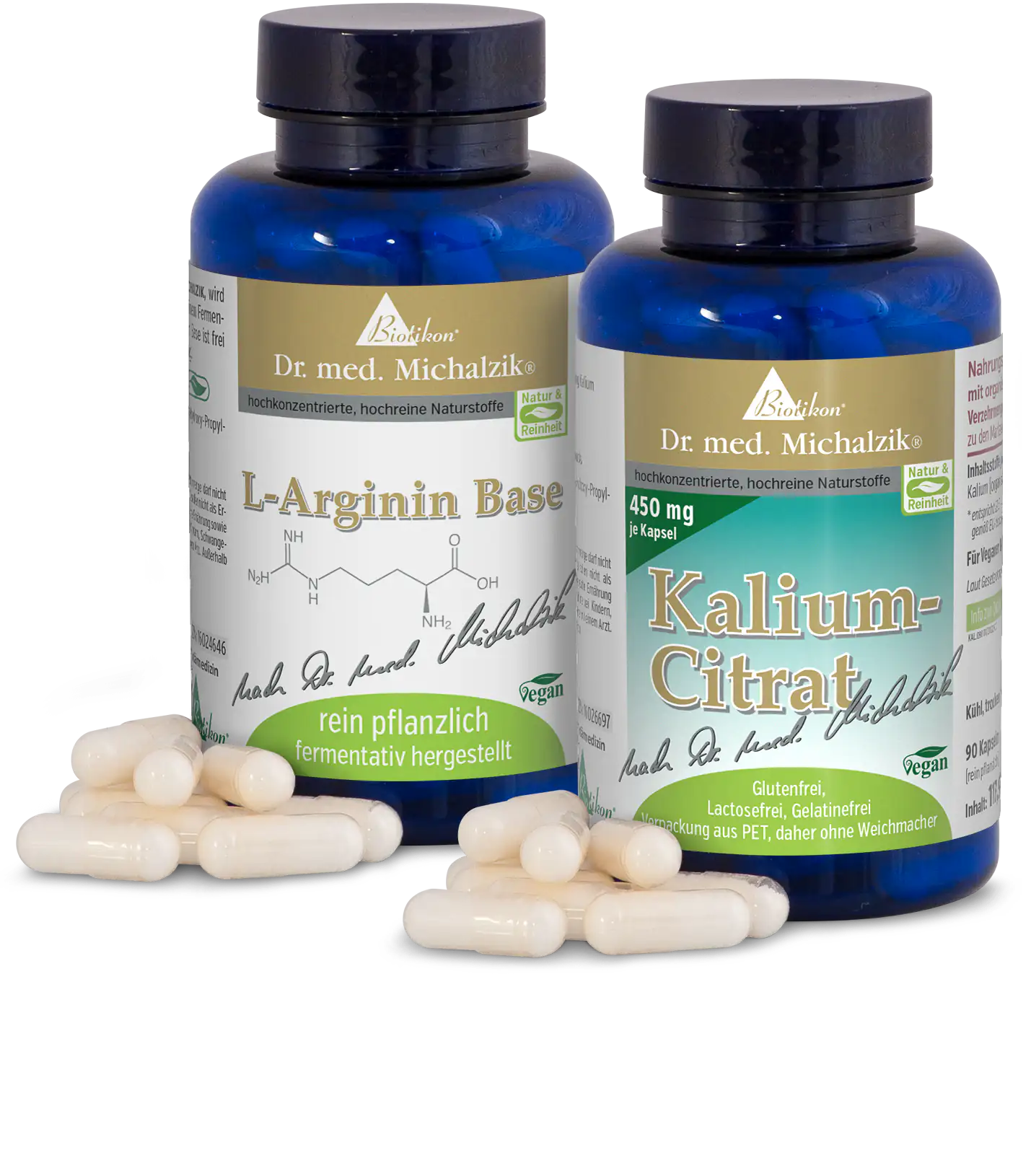 L-Arginina Base 450 mg – Cápsulas Dos botellas de L-Arginina y citrato de potasio, cápsulas blancas, en envases azules, 90 cápsulas por botella.