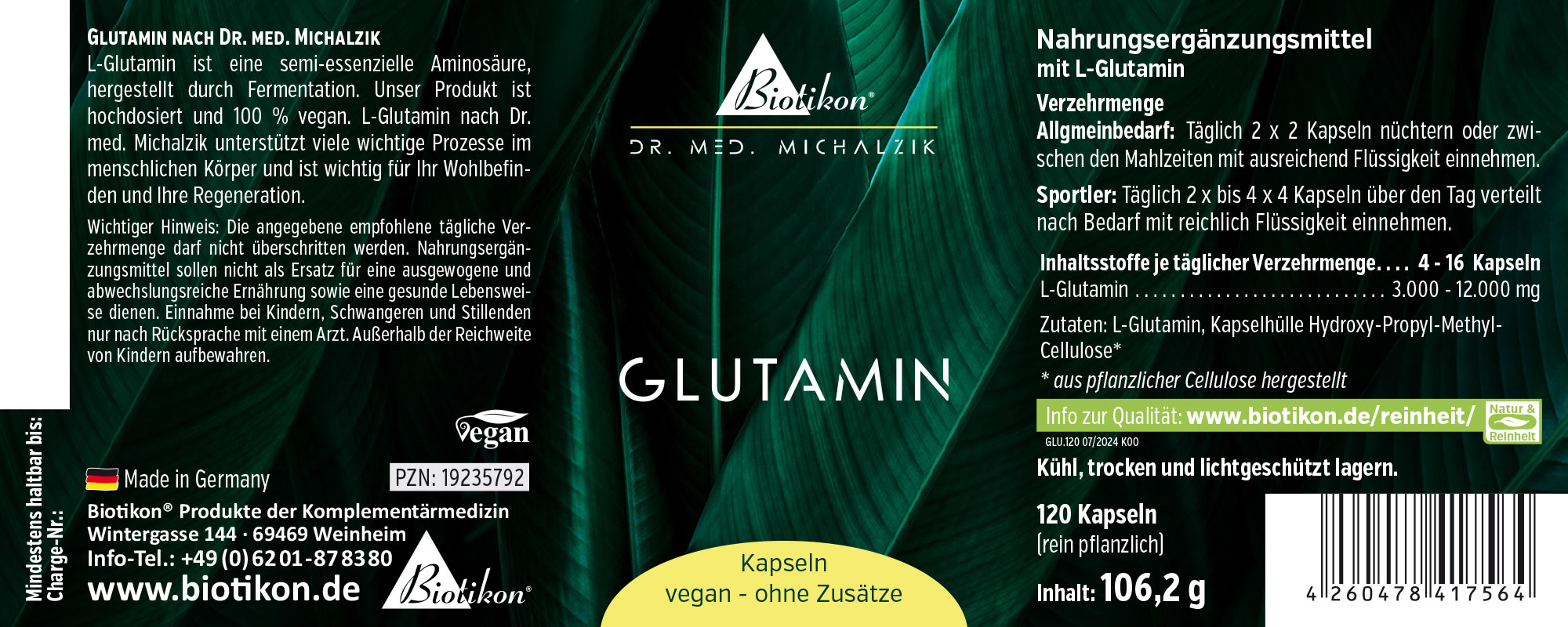 Glutamina 120 cápsulas - vegana Cápsulas de glutamina en un envase, 120 cápsulas, fondo verde, perspectiva.