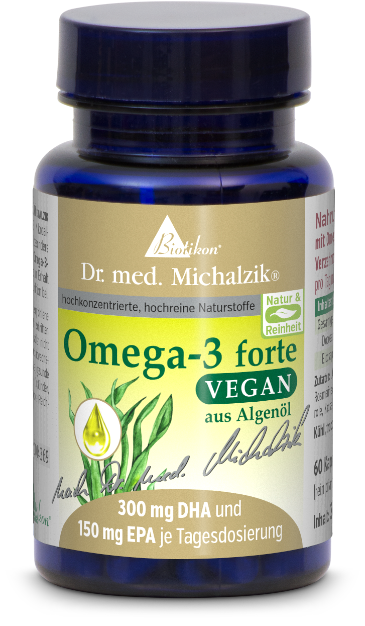 Botella negra de cápsulas con 30 cápsulas veganas de Omega-3 de aceite de algas, diseño colorido y de alta calidad.
