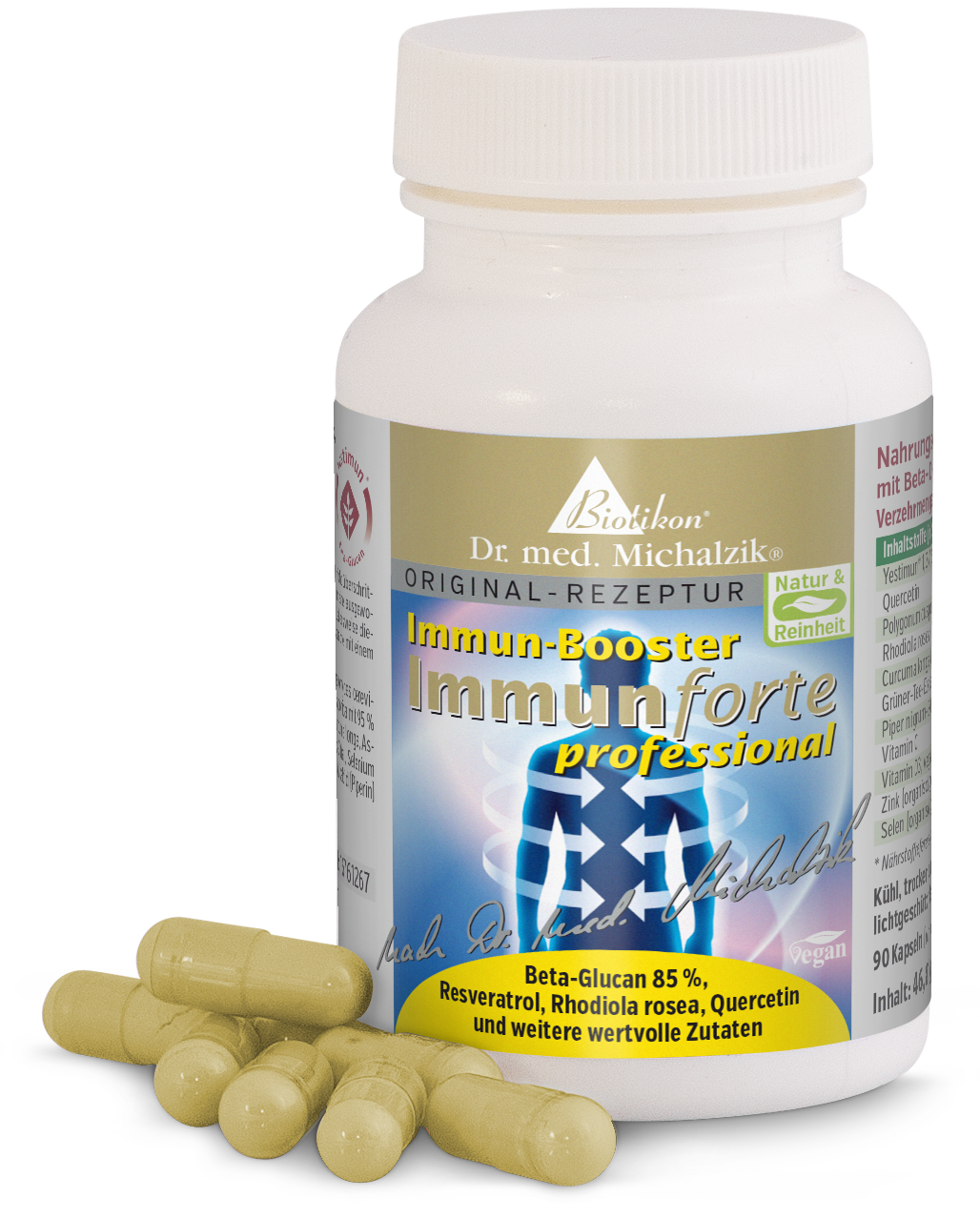 Botella de 90 cápsulas veganas, beige, Inmunoeforzador, vista del paquete