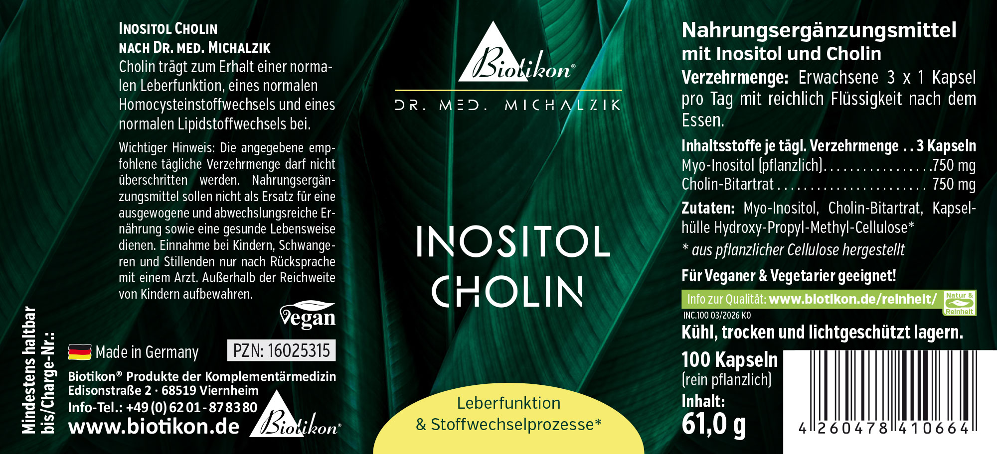 Suplemento dietético Inositol y Colina, 100 cápsulas veganas, envase amarillo y gris, vista frontal.