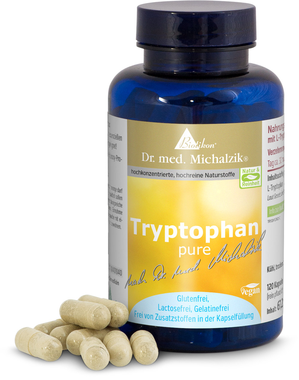 Tryptófano puro – 120 cápsulas Botella de vidrio con cápsulas de triptófano, veganas, sin gluten, sin lactosa, sin gelatina, cápsulas de color amarillo claro.