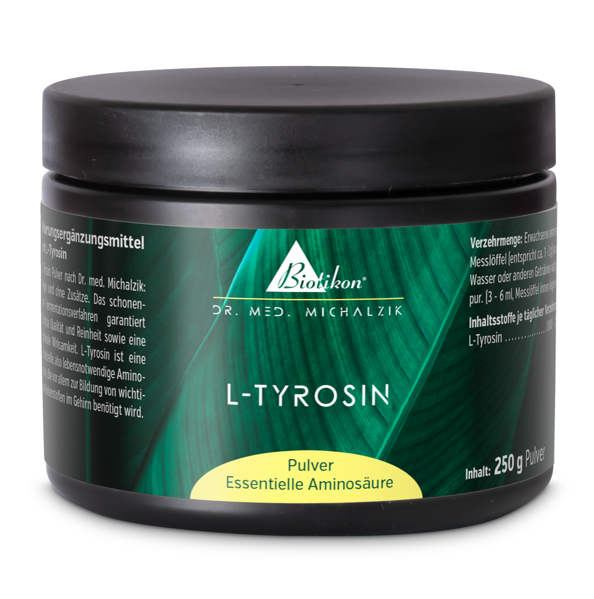 L-Tyrosina en polvo – 250 g L-Tyrosina en polvo en envase negro, 250 g, de Biotikon, capturada en ángulo ligeramente inclinado.
