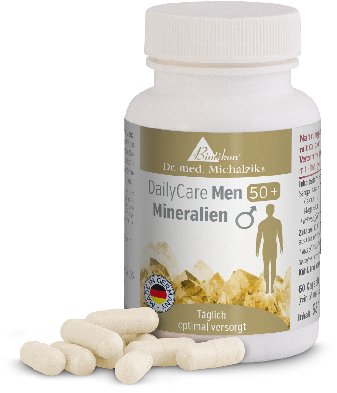 Cápsulas de minerales 60 piezas – DailyCare Hombres 50+ Cápsulas de minerales en una botella blanca con 60 piezas, ligeramente beige, sobre un fondo negro.