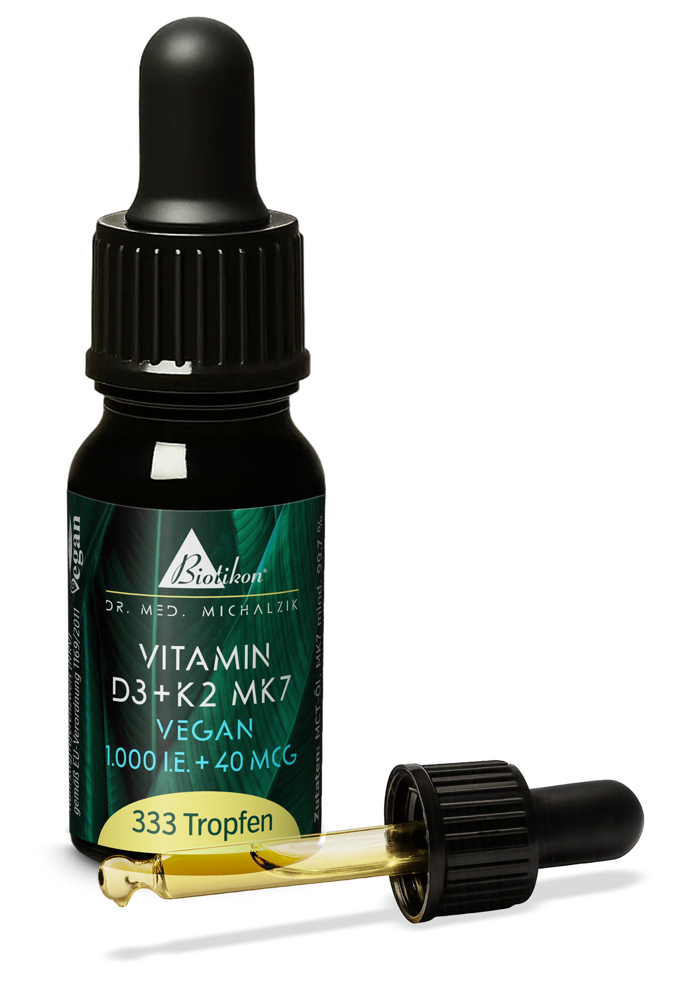 Frasco cuentagotas con 333 gotas de vitamina D3 y K2 MK7, envase negro, líquido amarillo.