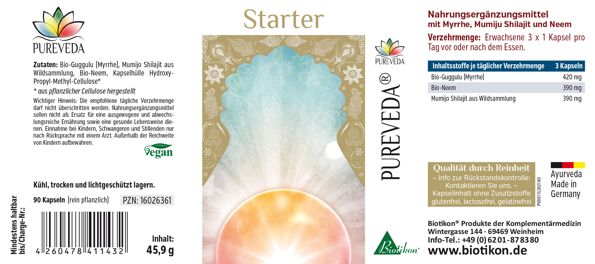 Cápsulas vegetarianas con mirra, neem y mumijo shilajit, 90 unidades, en un envase práctico.