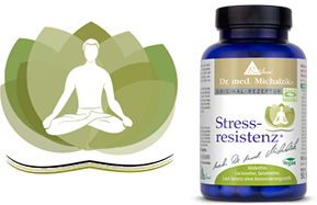 Botella con cápsulas de resistencia al estrés, verde-azul, 60 cápsulas, vista lateral.