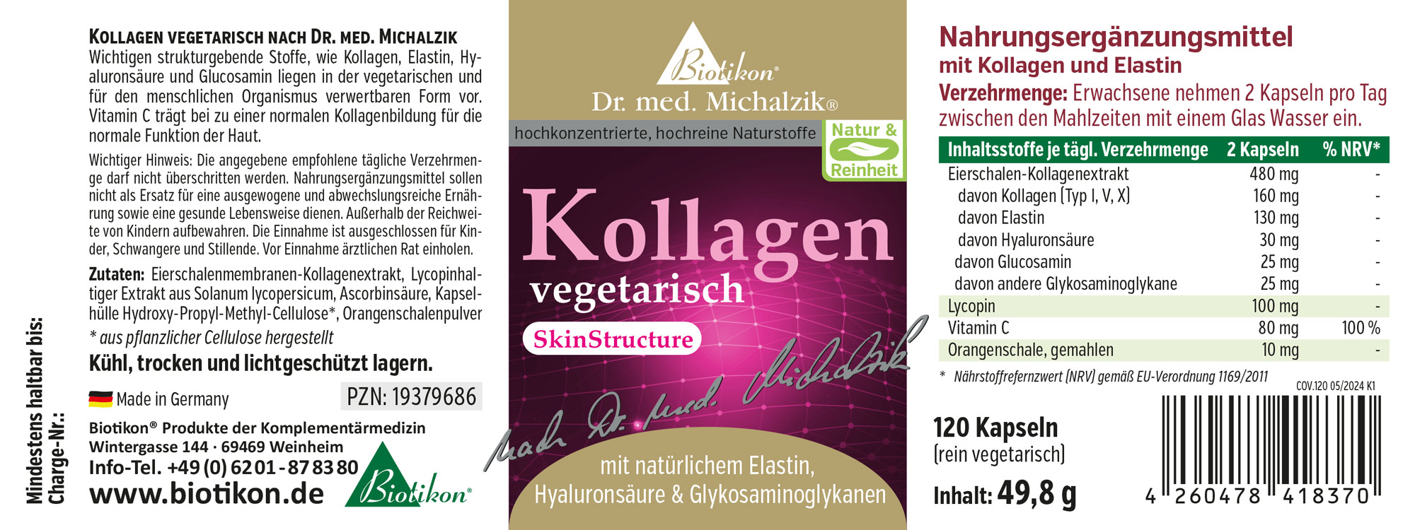 Colágeno Vegetal 120 Cápsulas - Biotikon Suplemento dietético vegetariano, colágeno y elastina, 120 cápsulas, envase transparente, cápsulas en cáscara de naranja.