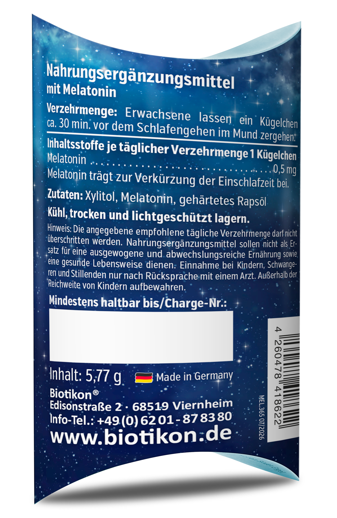 Suplemento de melatonina, paquete de 5,77 g, azul con diseño de cielo estrellado.
