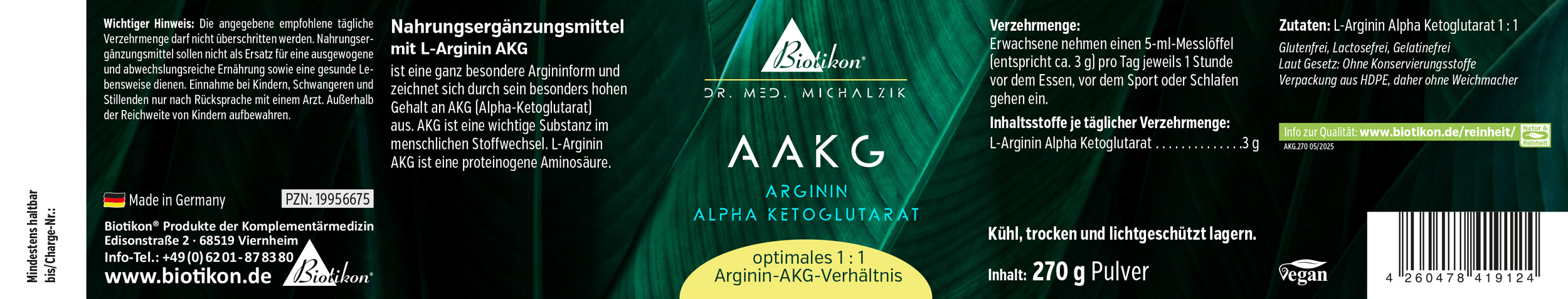 AAKG – Arginina Alfa-Cetoglutarato 270g en Polvo Polvo AAKG en envase de 270g, diseño negro-verde, bien visible, vegano y libre de aditivos.