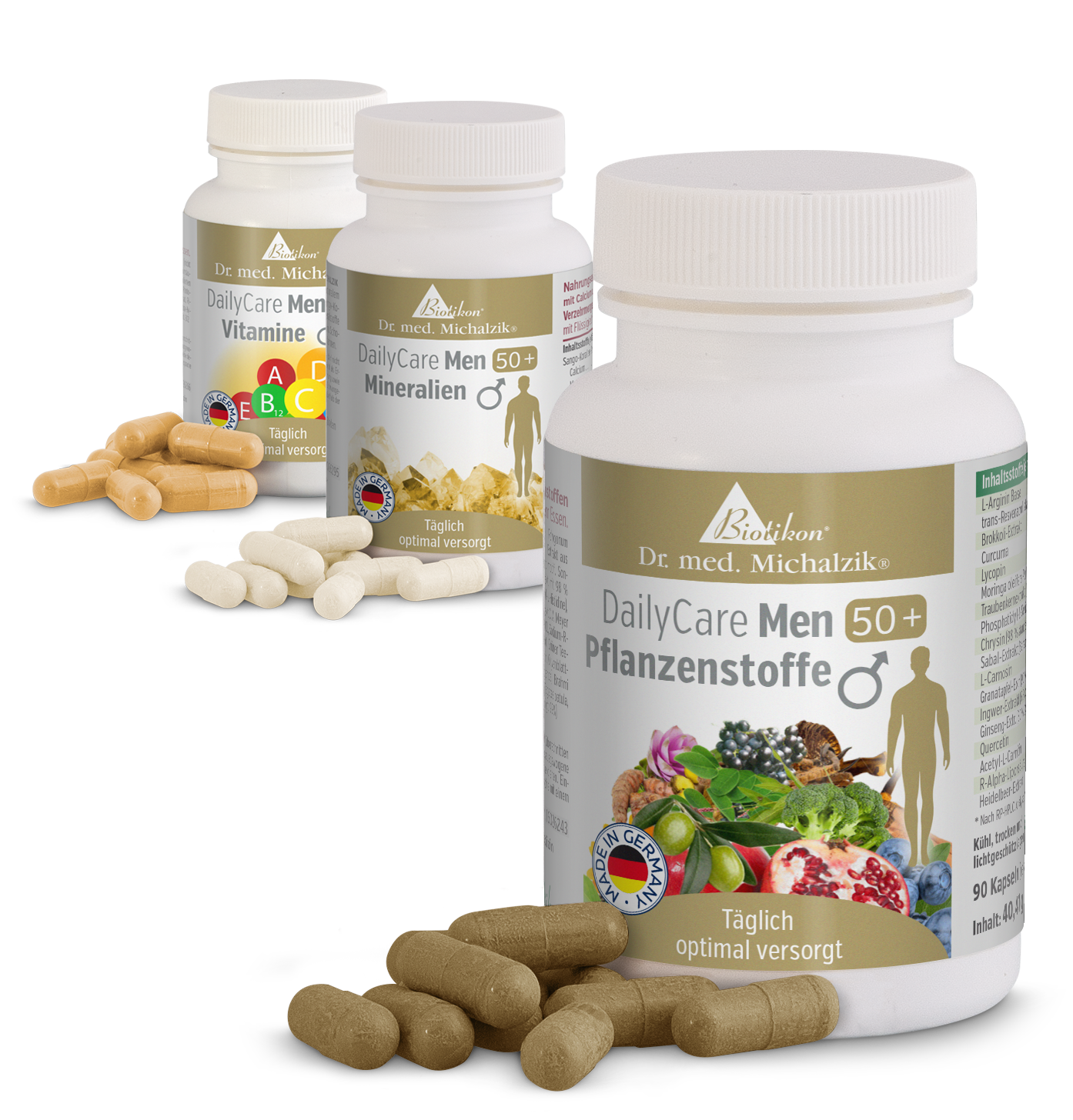 Tres frascos de suplementos para hombres mayores de 50, cápsulas de diferentes colores, vista lateral.