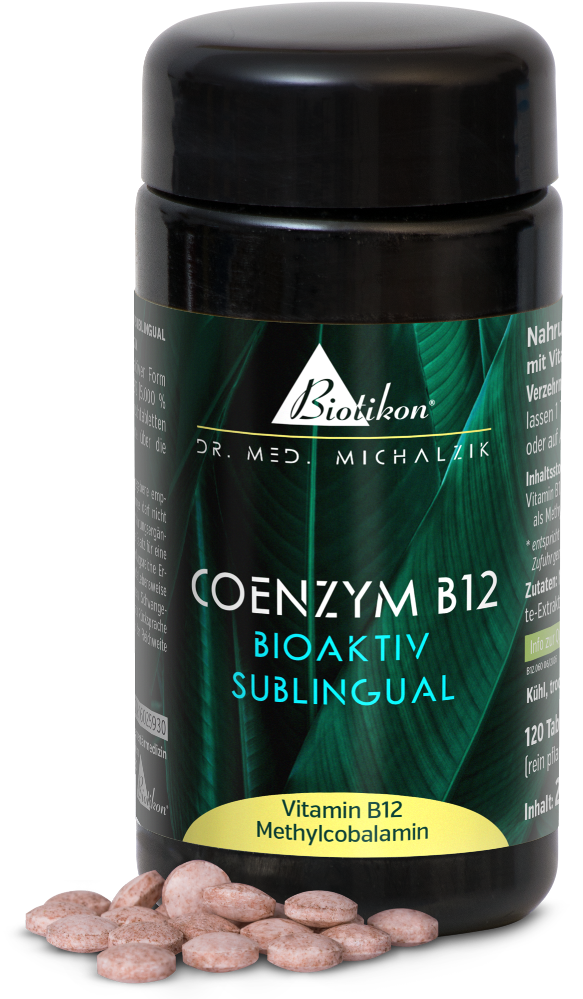 Suplemento de Coenzima B12 en frasco negro, 120 tabletas sublinguales, color rosa-marrón, vista lateral.