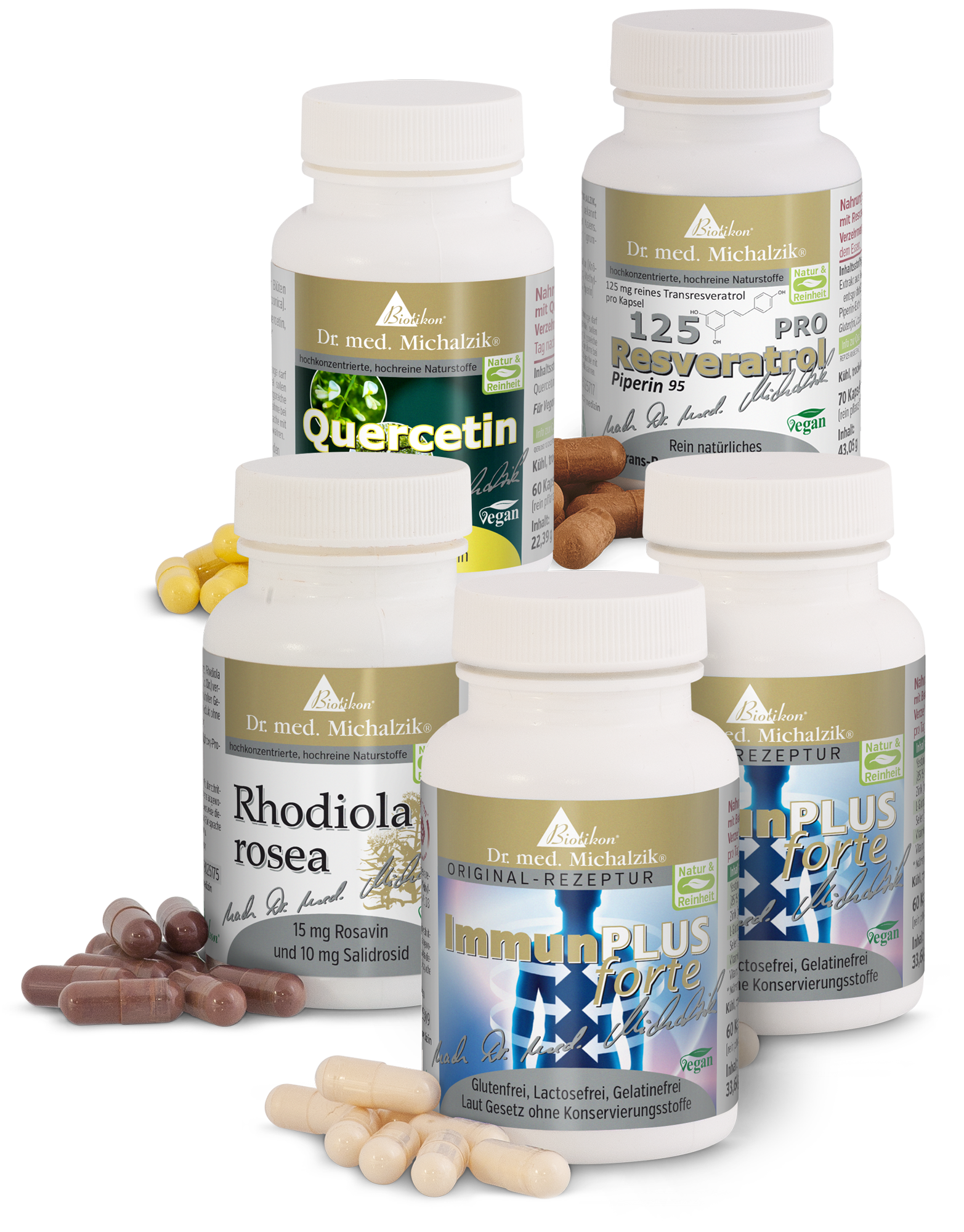 Ingredientes activos de quercetina en cápsulas, 60 unidades, envase blanco rodeado de cápsulas.