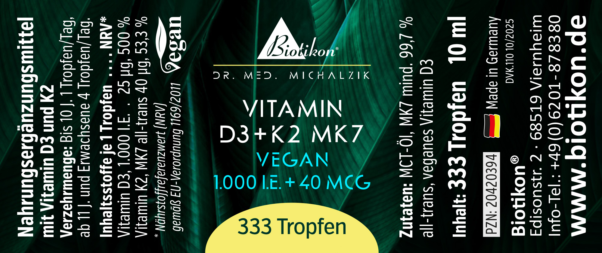 Frasco con 333 gotas de vitamina D3 y K2 MK7, 10 ml, envase verde