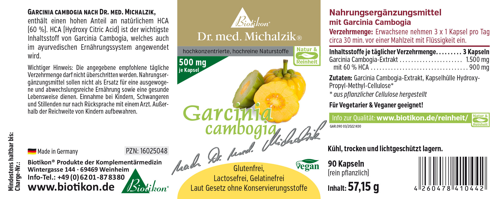 Garcinia Cambogia 500 mg – Cápsulas Veganas 90 cápsulas de extracto de Garcinia Cambogia, empaquetado amarillo, vista frontal, veganas