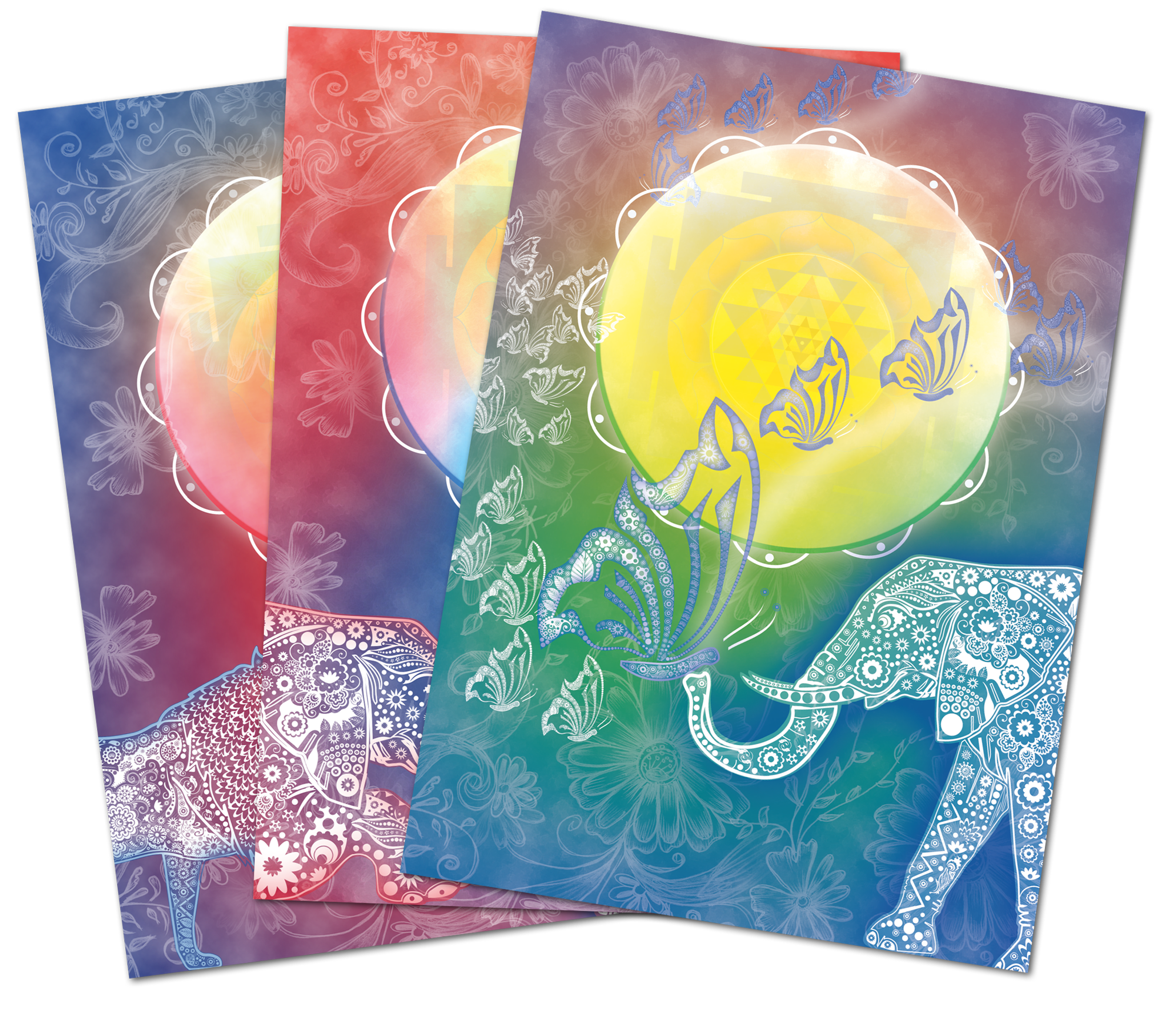 Conjunto de tres postales coloridas con elefantes y mariposas, en diferentes colores y diseño artístico.