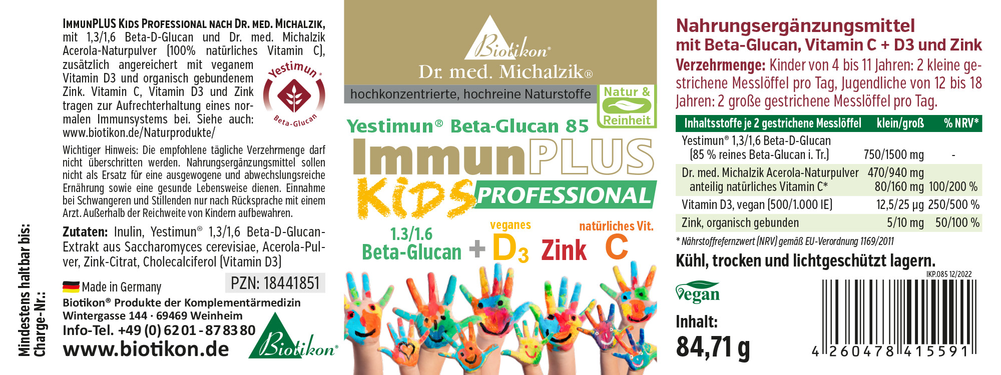ImmunPLUS Kids Professional – Polvo Suplemento nutricional con Beta-Glucano, Vitamina C, D3, Zinc, paquete de 84,71 g, diseño colorido.