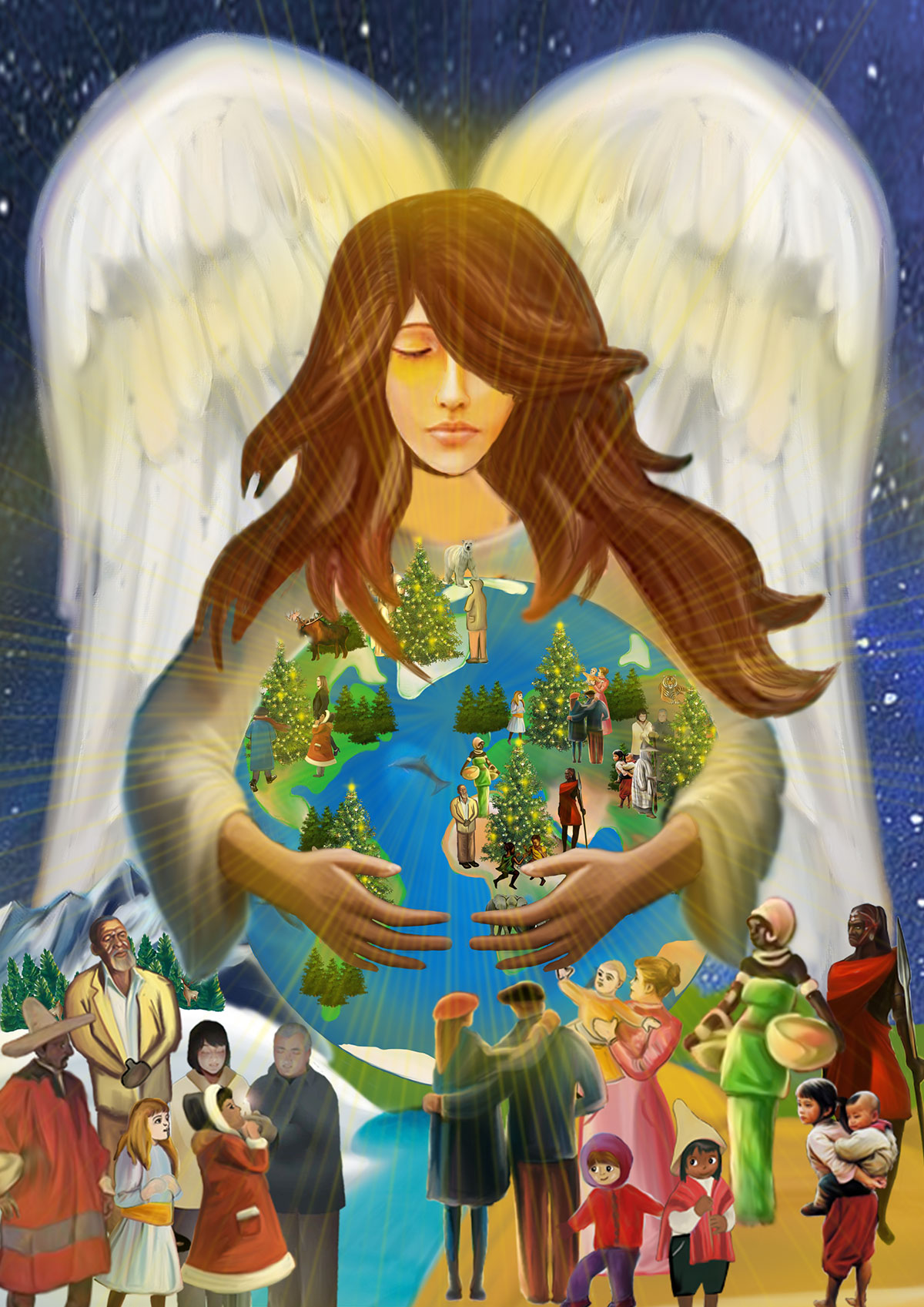 Ángel sosteniendo la Tierra – Arte ilustrativo Representación artística de un ángel que sostiene la Tierra, rodeado de diversas figuras y árboles de Navidad.