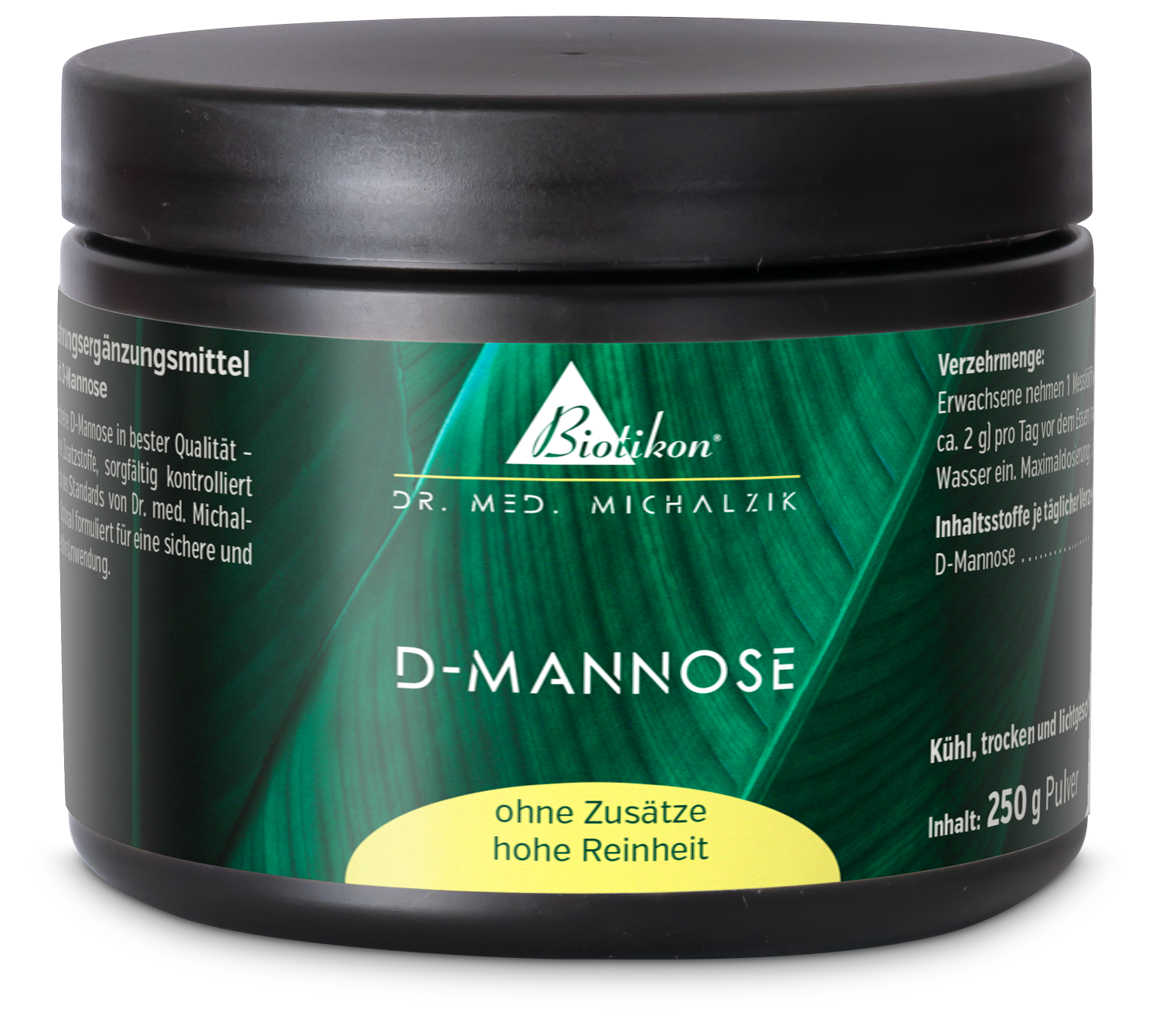 D-Mannosa 250 g – Polvo Suplemento de D-Mannosa en envase negro de 250 g, con etiqueta verde.