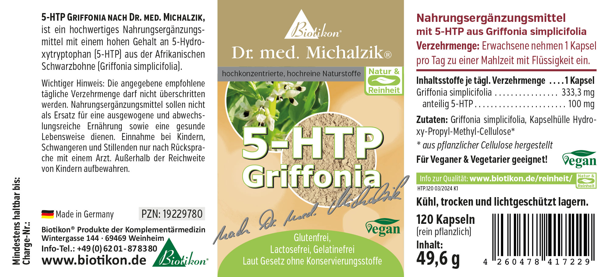 Suplemento alimenticio con 5-HTP de Griffonia simplicifolia, 120 cápsulas veganas, empaque colorido, vista frontal.